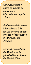 Rectangle � coins arrondis: Consultant dans le cadre de projets de coop�ration internationale depuis 15 ans.
Professeur d��conomie internationale � la facult� de droit et des sciences �conomiques de Mohammedia (Maroc).
Conseiller au cabinet du Ministre de la privatisation au Maroc de 1998 � 2000.
